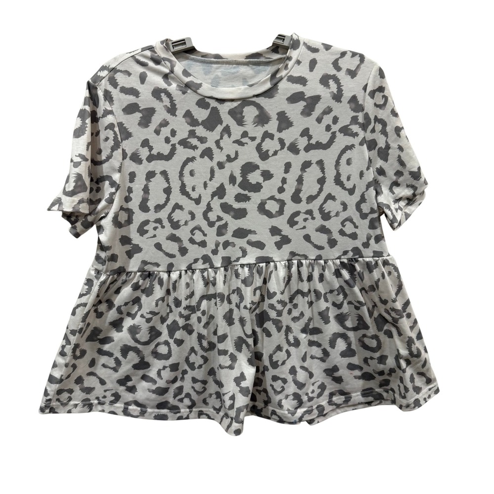 Womens Grey Leopard Animal Print Babydoll Peplum Top Short Sleeve Size L